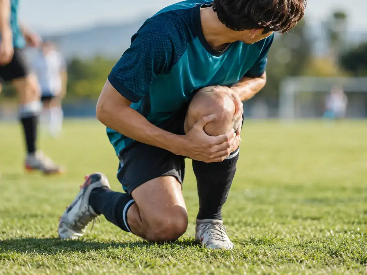 Soccer player holding his injured knee on the field