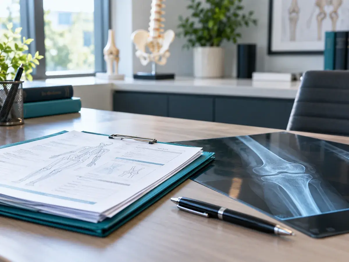 Medical file and knee X-ray on a desk