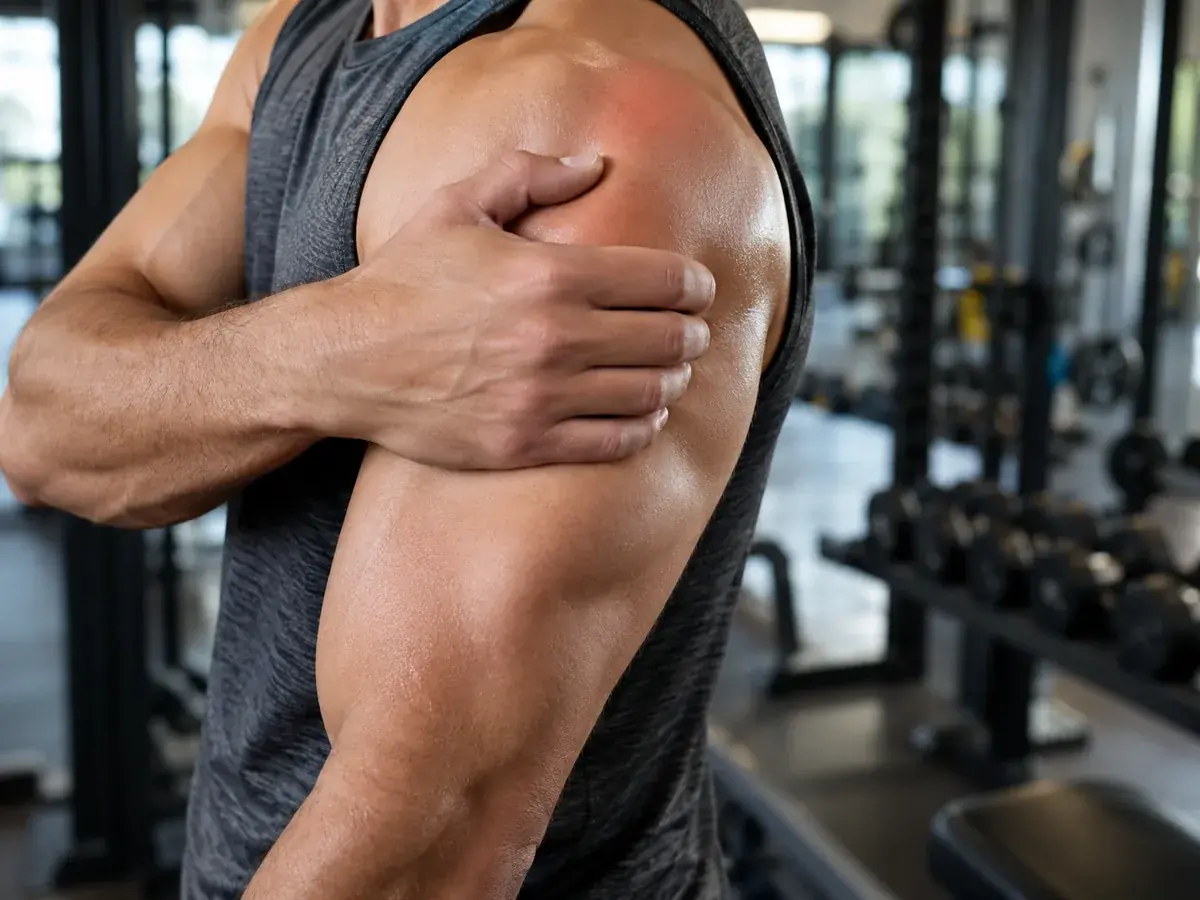 Man holding the front of his shoulder at the gym