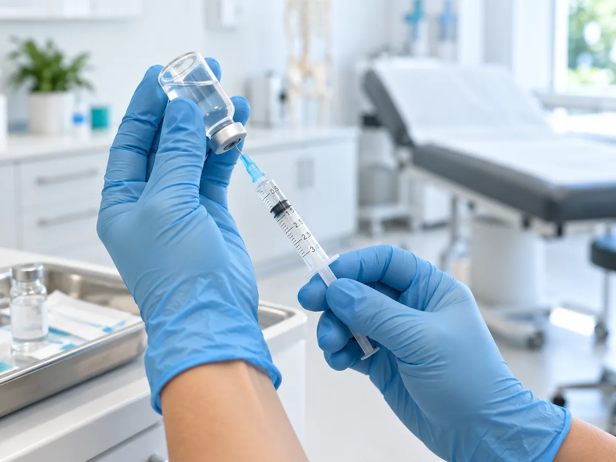 Close-up of a cortisone injection syringe prepared for an Orthopedic procedure