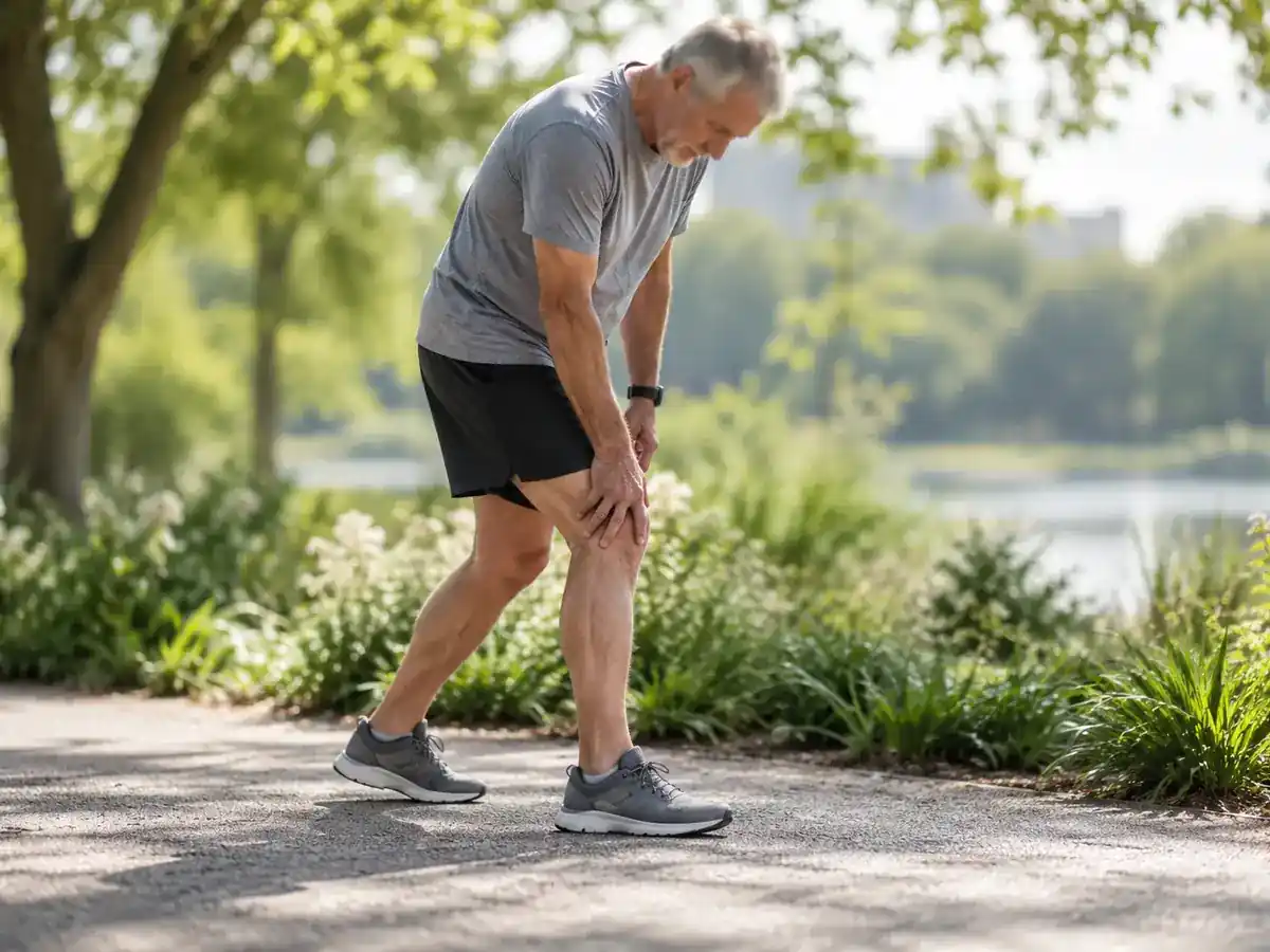 Person with knee arthritis walking outdoors