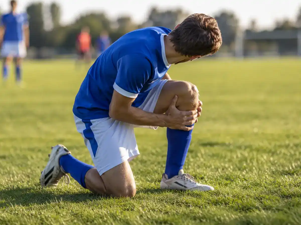 Soccer player kneeling and holding his knee