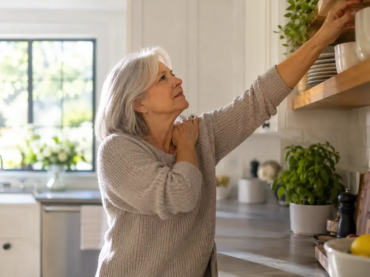 Person reaching overhead with shoulder arthritis or deltoid pain