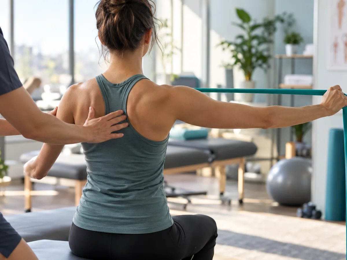 Patient doing a guided shoulder exercise with a resistance band