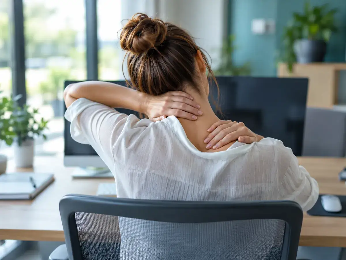 Woman at a desk rubbing neck and shoulder tension