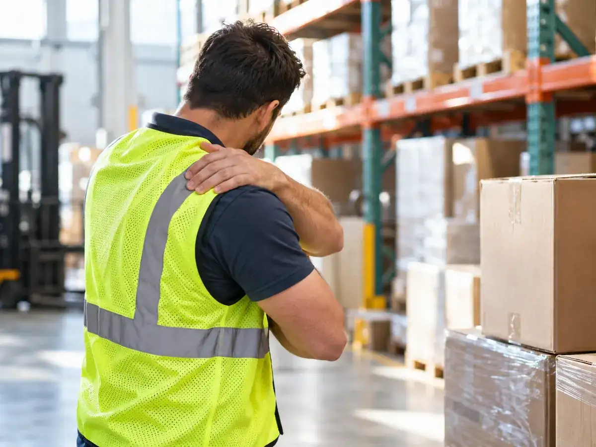 Warehouse worker in a safety vest holding his shoulder